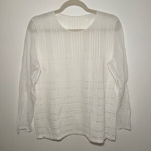 Akris White Knitted Top Plaid Pattern Sheer Long Sleeves Lightweight Size Large